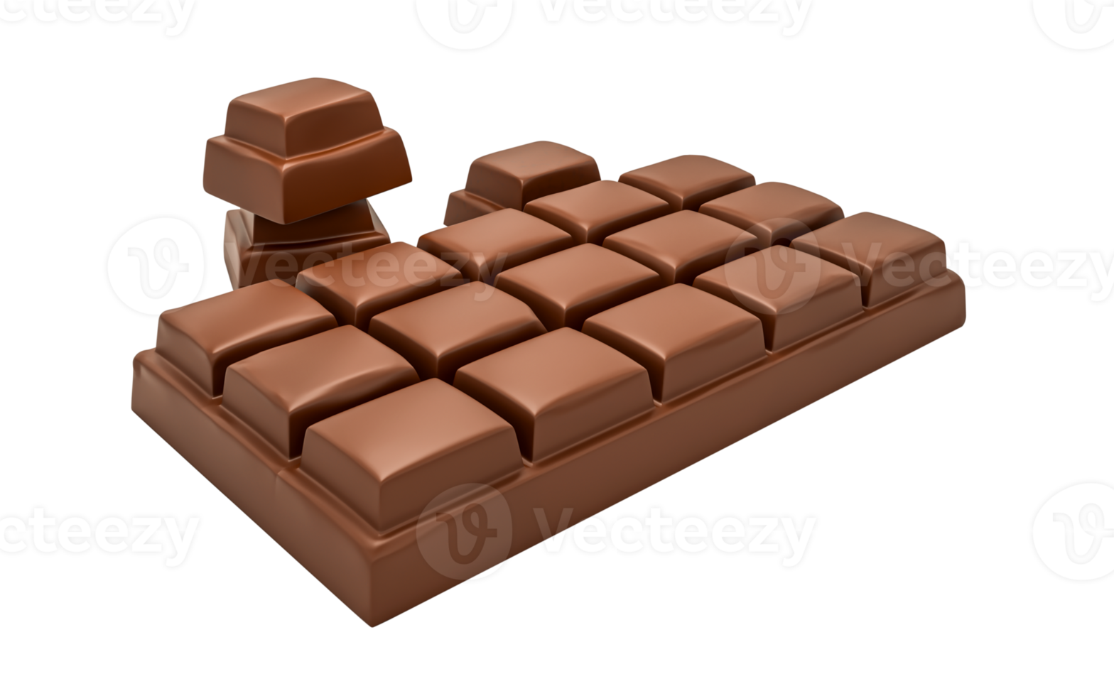 Milk chocolate bar and chocolate pieces isolated from top view 3d illustration png