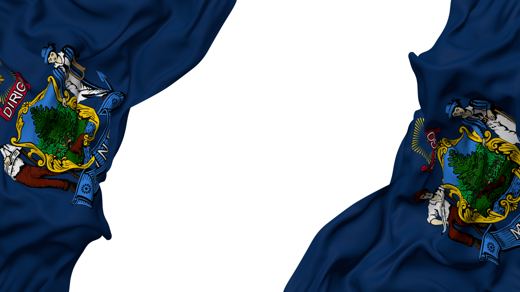 State of Maine Flag Cloth Wave Banner in the Corner with Bump and Plain Texture, Isolated, 3D Rendering png