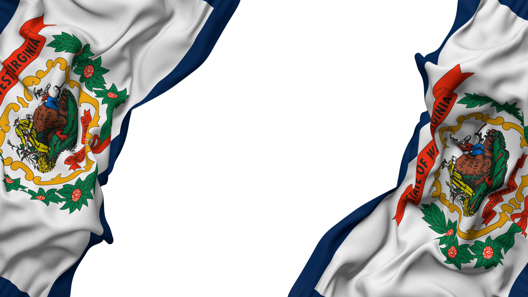 stato di ovest Virginia bandiera stoffa onda bandiera nel il angolo con urto e pianura struttura, isolato, 3d interpretazione png