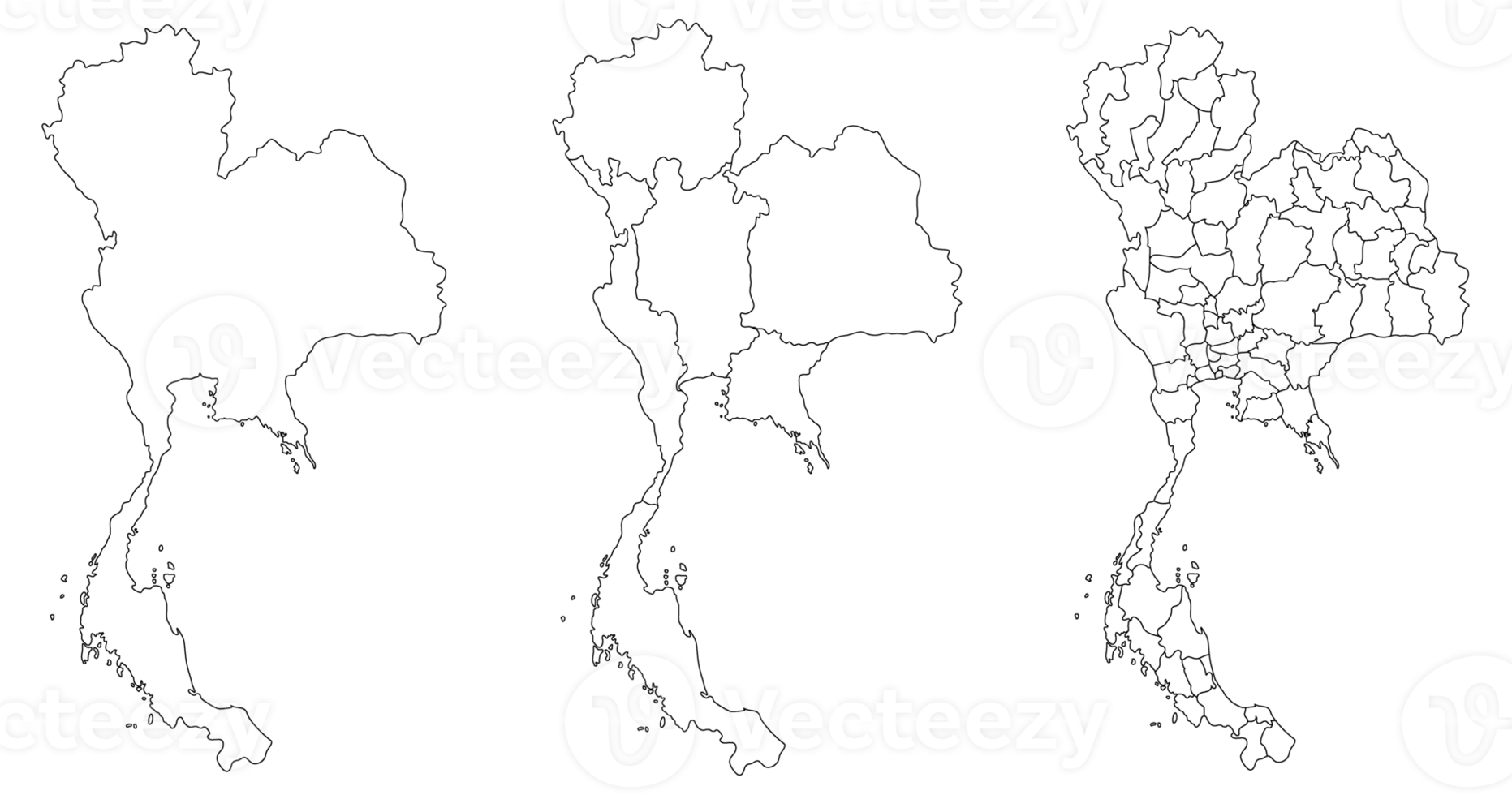 Thailand map set white-black outline with the administration of regions and provinces map png