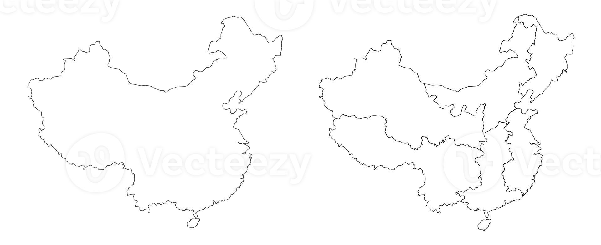 China map set with white-black outline, Transparent background png