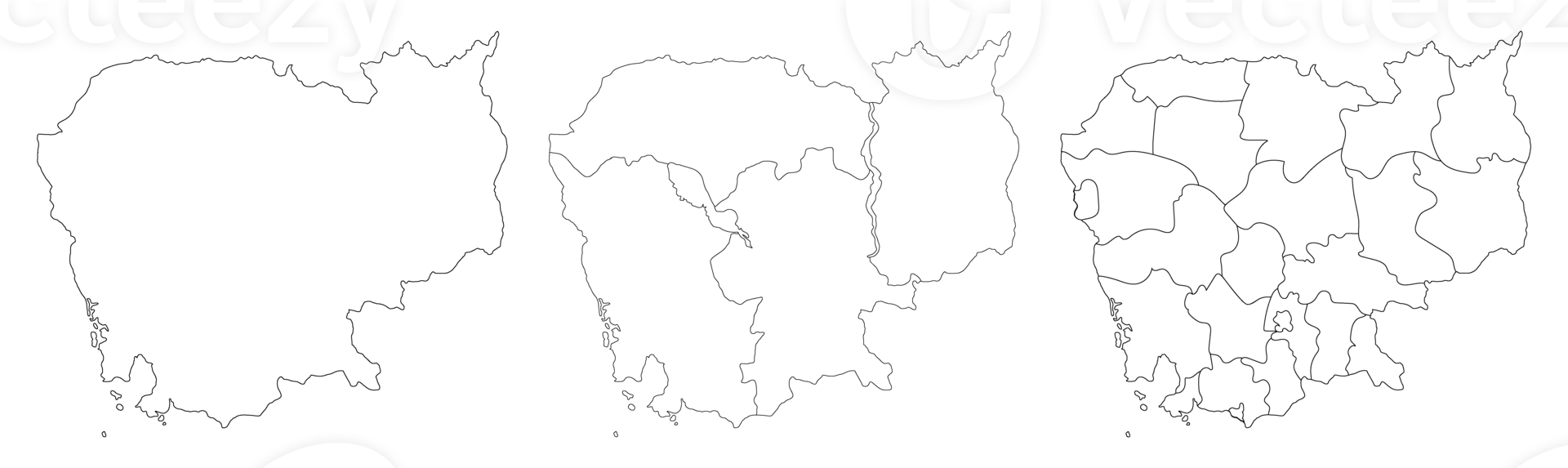 Cambodia map set with a white-black outline, regions map, and administration map of Cambodia png