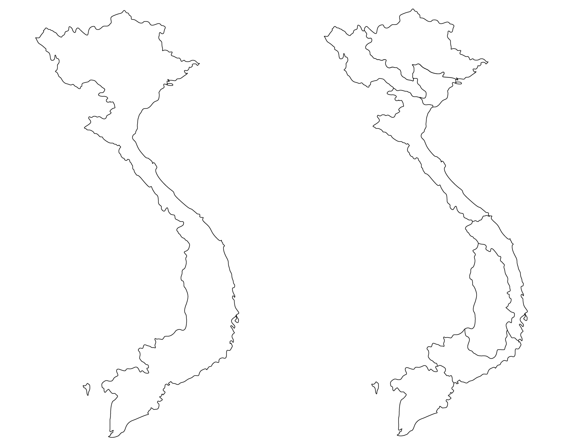 Vietnam map set with whiteblack outline and administrative six regions