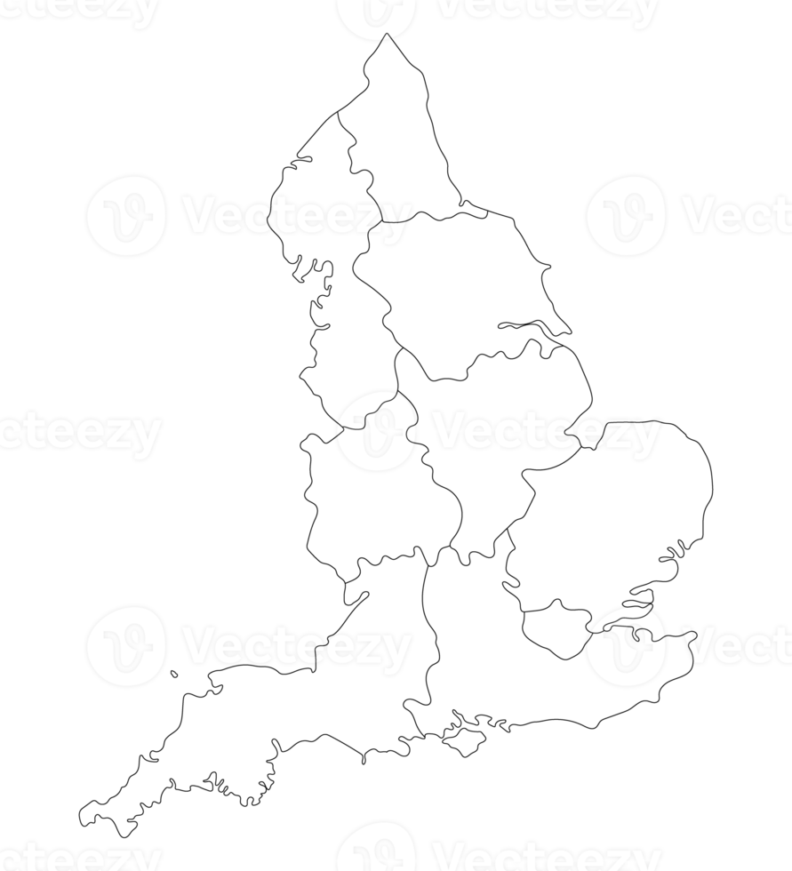 England map of white-black outline, administrations regions map png