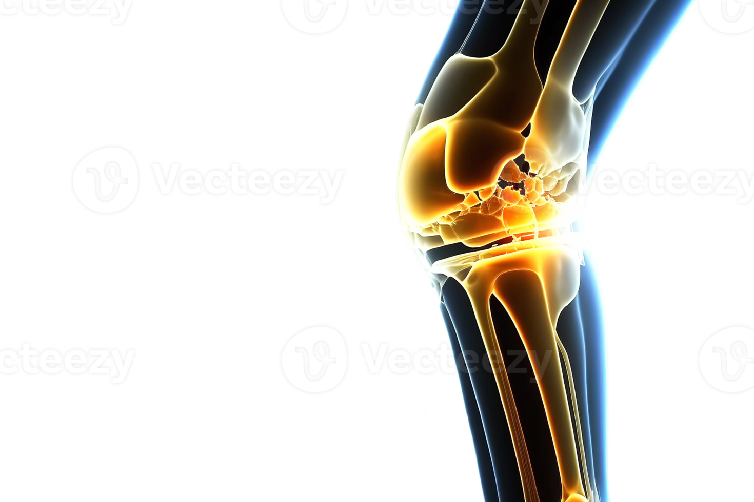Knee injury illuminated by neon light. Skeleton of human leg. Transparent Background png
