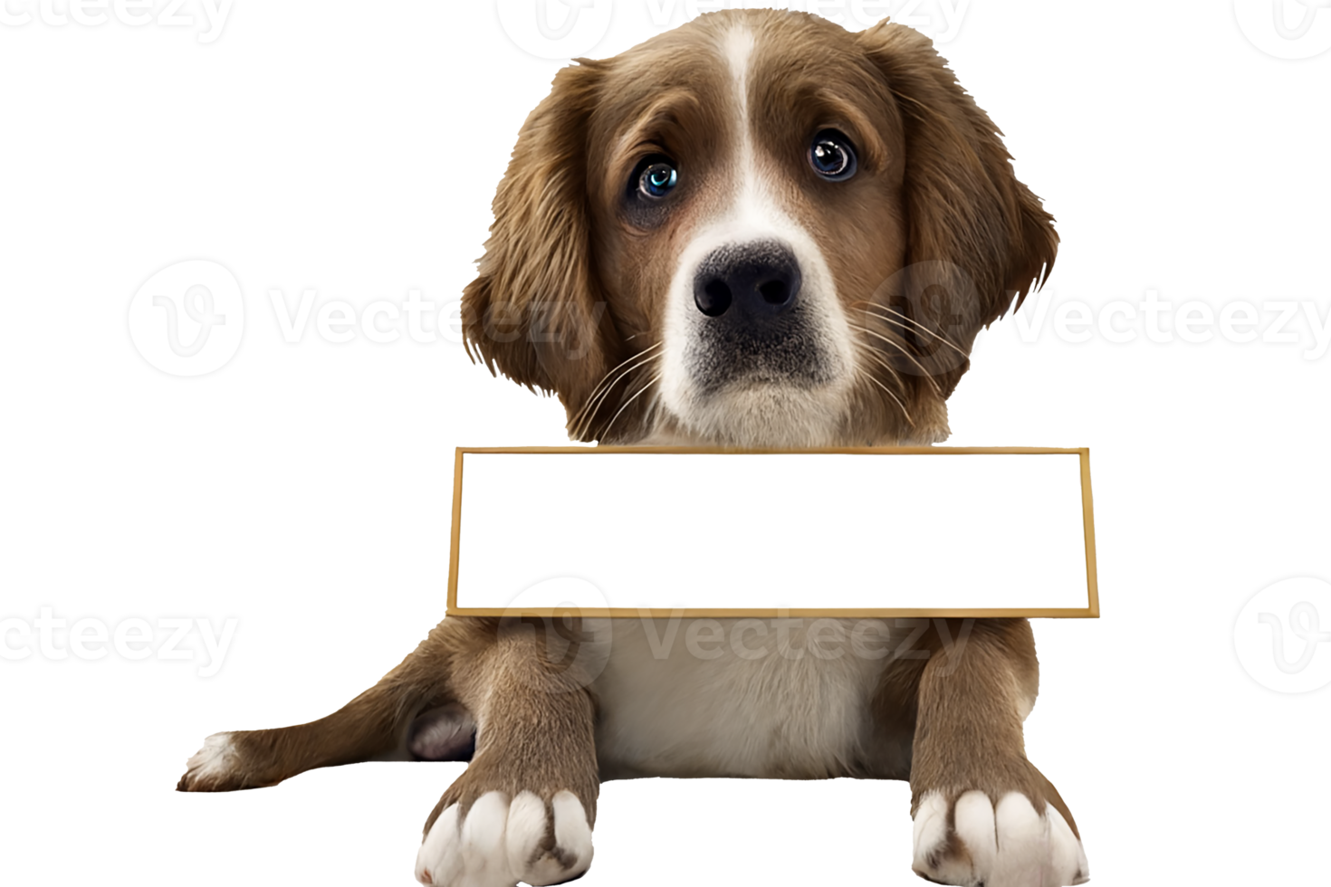 The dog is holding a white plaque in his paws, copy space. Transparent isolated background png