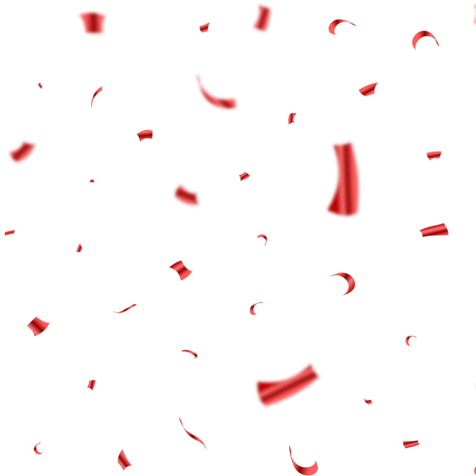 Shiny red confetti falling isolated on a transparent background. Festival elements PNG. Confetti PNG illustration for festival background. Red party tinsel and confetti falling.