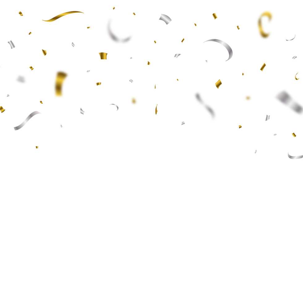 Golden and silver confetti falling isolated on transparent background. Festival elements PNG. Confetti png for carnival background. Anniversary celebration. Shiny party tinsel and confetti falling.