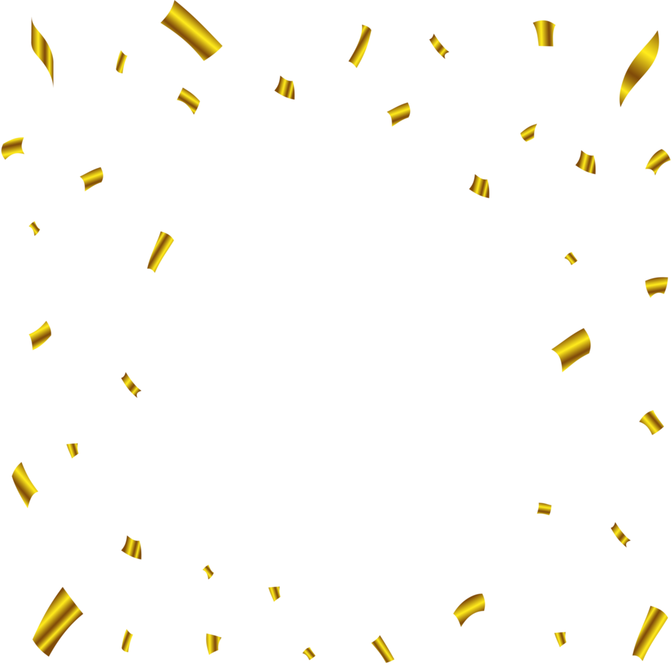 Golden confetti falling frame isolated on a transparent background. Festival elements PNG. Anniversary and birthday celebration. Confetti PNG for carnival background. Shiny tinsel and confetti falling