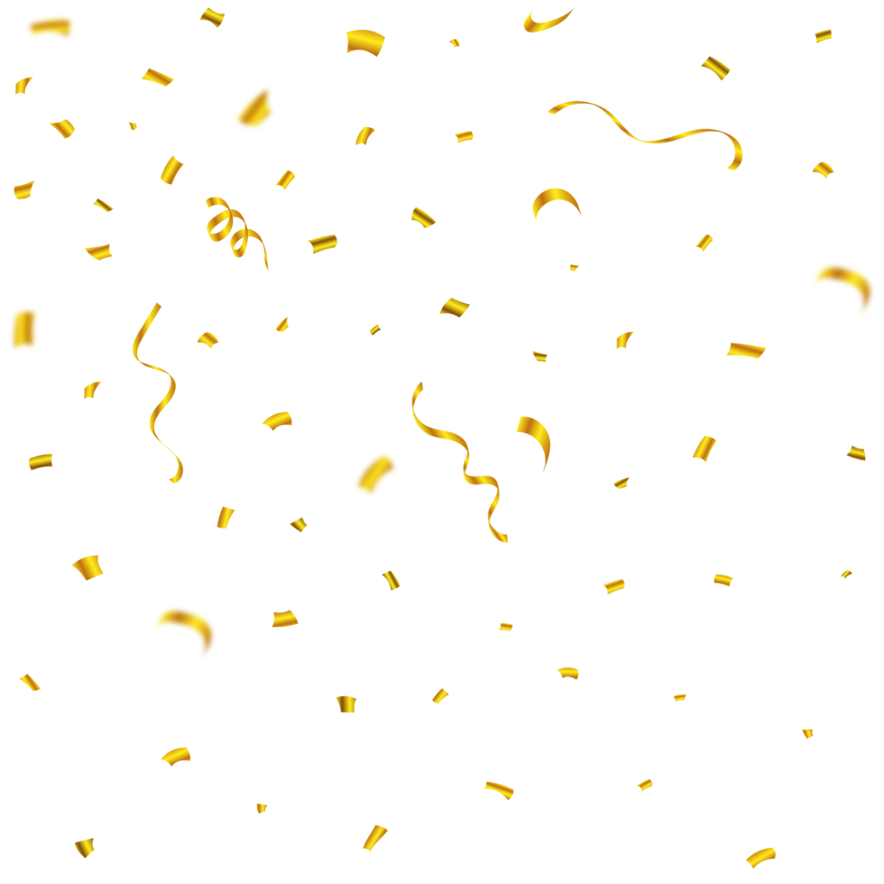 Golden confetti explosion isolated on a transparent background. Golden party tinsel and confetti falling PNG. Festival elements. Confetti png for carnival background. Anniversary celebration.
