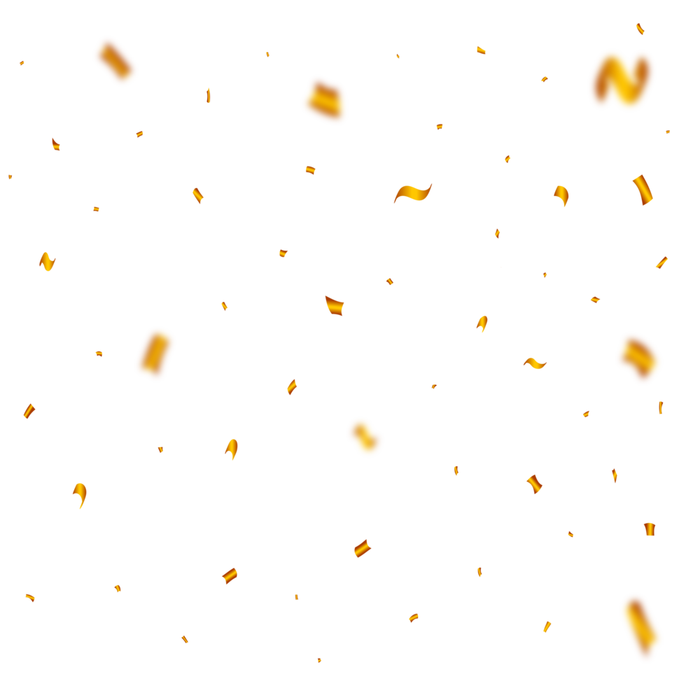 Golden confetti and ribbon falling illustration for birthday. Festival celebration elements PNG. Golden confetti and tinsel explosion on a transparent background. Carnival elements PNG. png