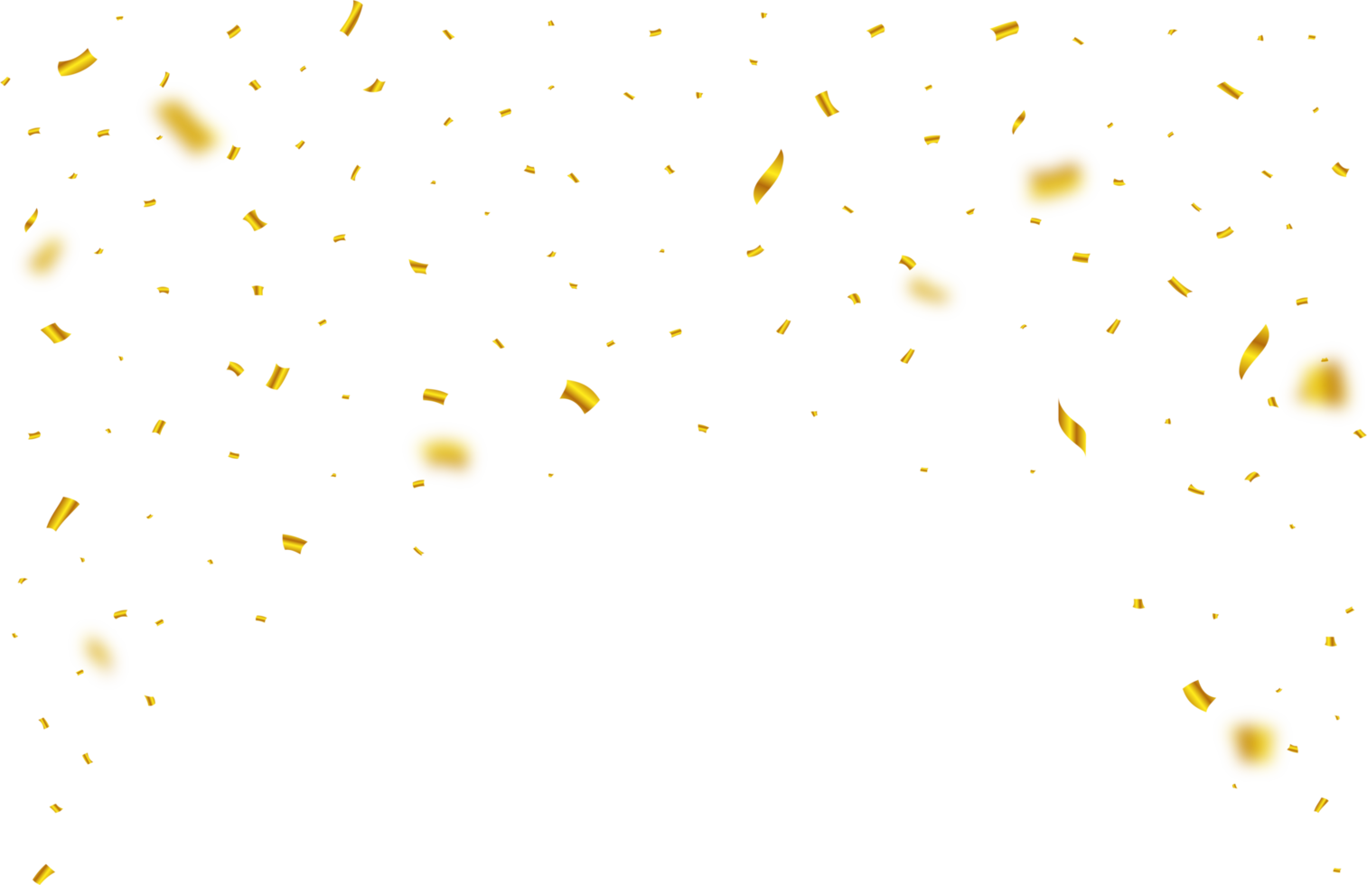 Golden confetti falling isolated on a transparent background. Carnival elements. Confetti PNG illustration for festival background. Golden party tinsel and confetti falling. Anniversary celebration.