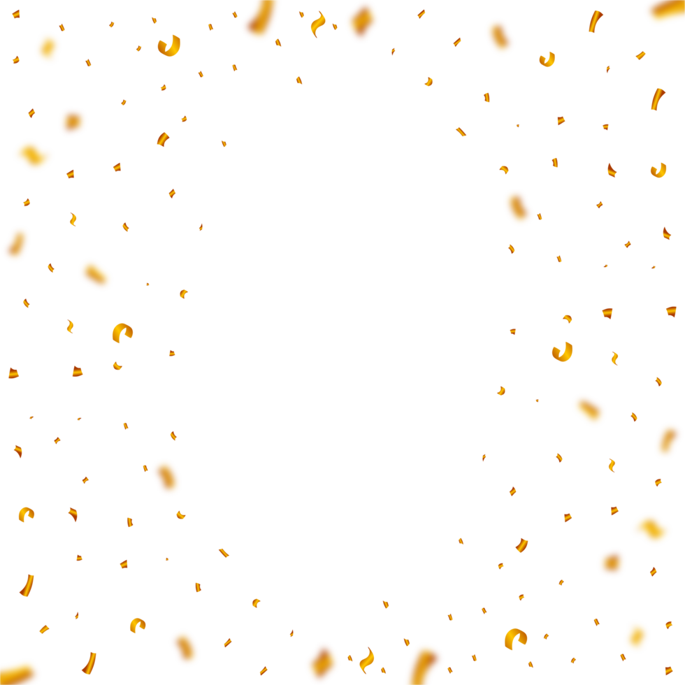 Golden party tinsel frame for a carnival background. Golden confetti falling illustration on a transparent background. Birthday celebration elements PNG. Festival and party element confetti PNG. png