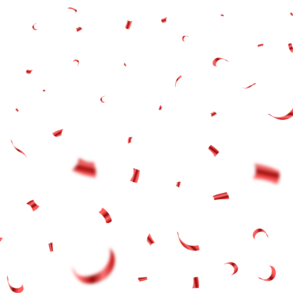 Shiny red confetti falling isolated on a transparent background. Festival elements PNG. Confetti PNG illustration for festival background. Red party tinsel and confetti falling.