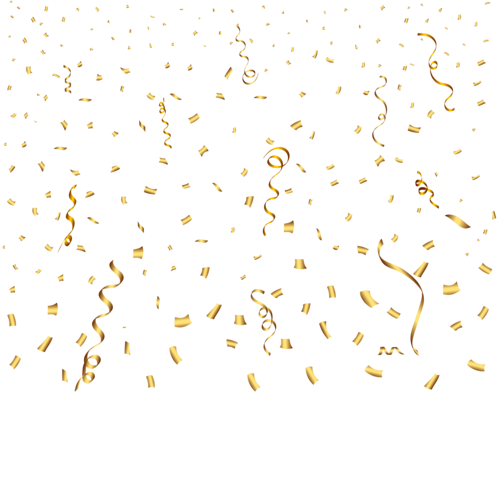 Confetti PNG with golden ribbon for festival background. Confetti and ribbon falling background. Golden confetti on a transparent background. Event and party Celebration. Carnival element PNG.