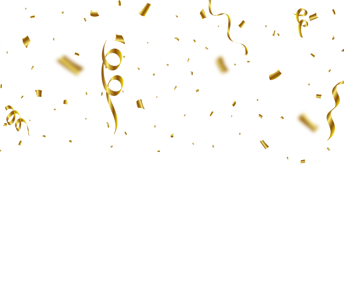 Golden confetti and ribbon falling illustration. Golden confetti and ribbon falling isolated on transparent background. Festival elements PNG. Anniversary and wedding celebration confetti PNG. png