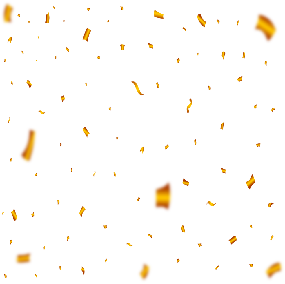 Golden confetti explosion on a transparent background. Party celebration elements PNG. Golden confetti and tinsel falling PNG illustration for birthday. Festival element of golden confetti and ribbon.