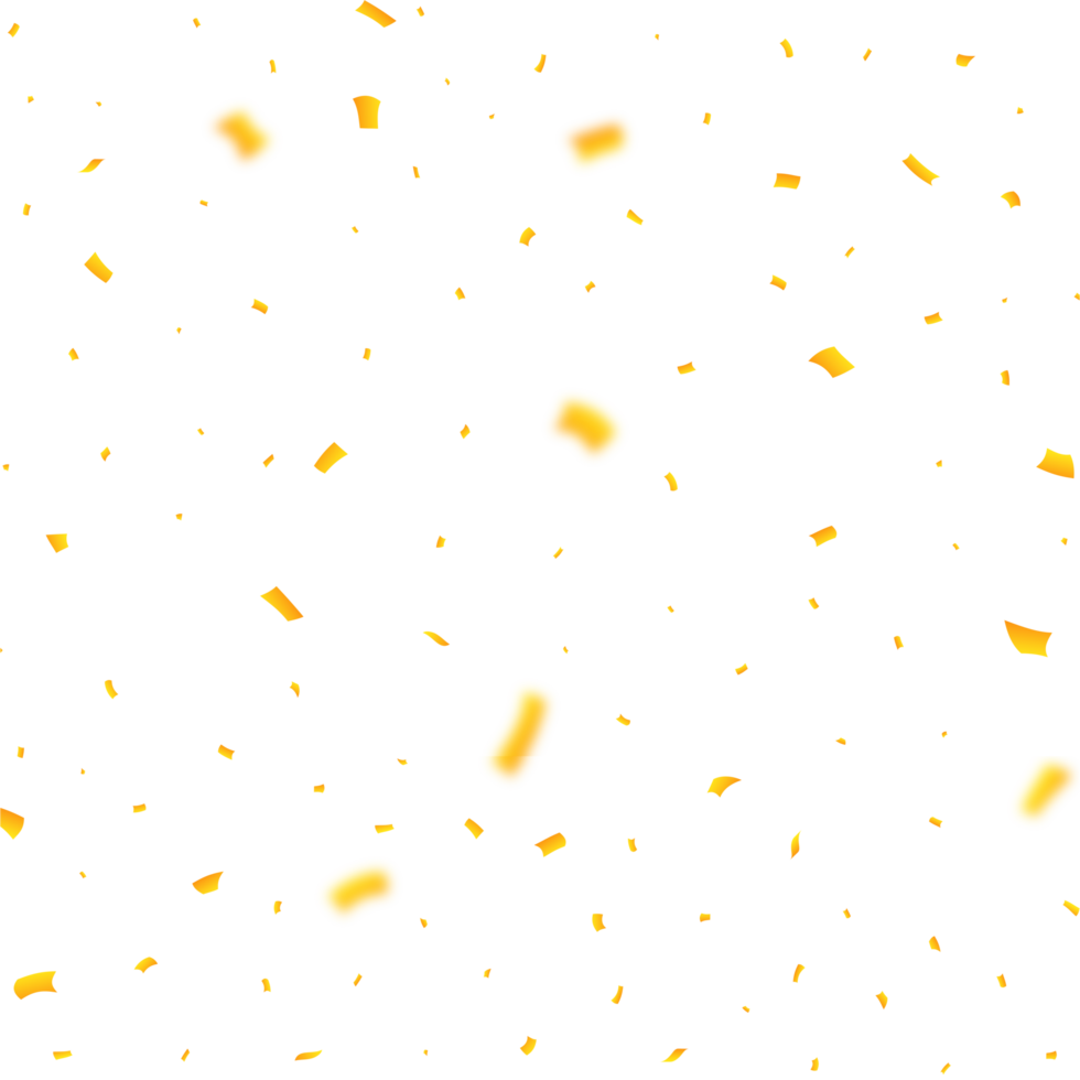 Golden confetti falling on a transparent background. Festival elements PNG. Anniversary and birthday celebration. Shiny tinsel and confetti falling. Simple confetti falling PNG illustration.