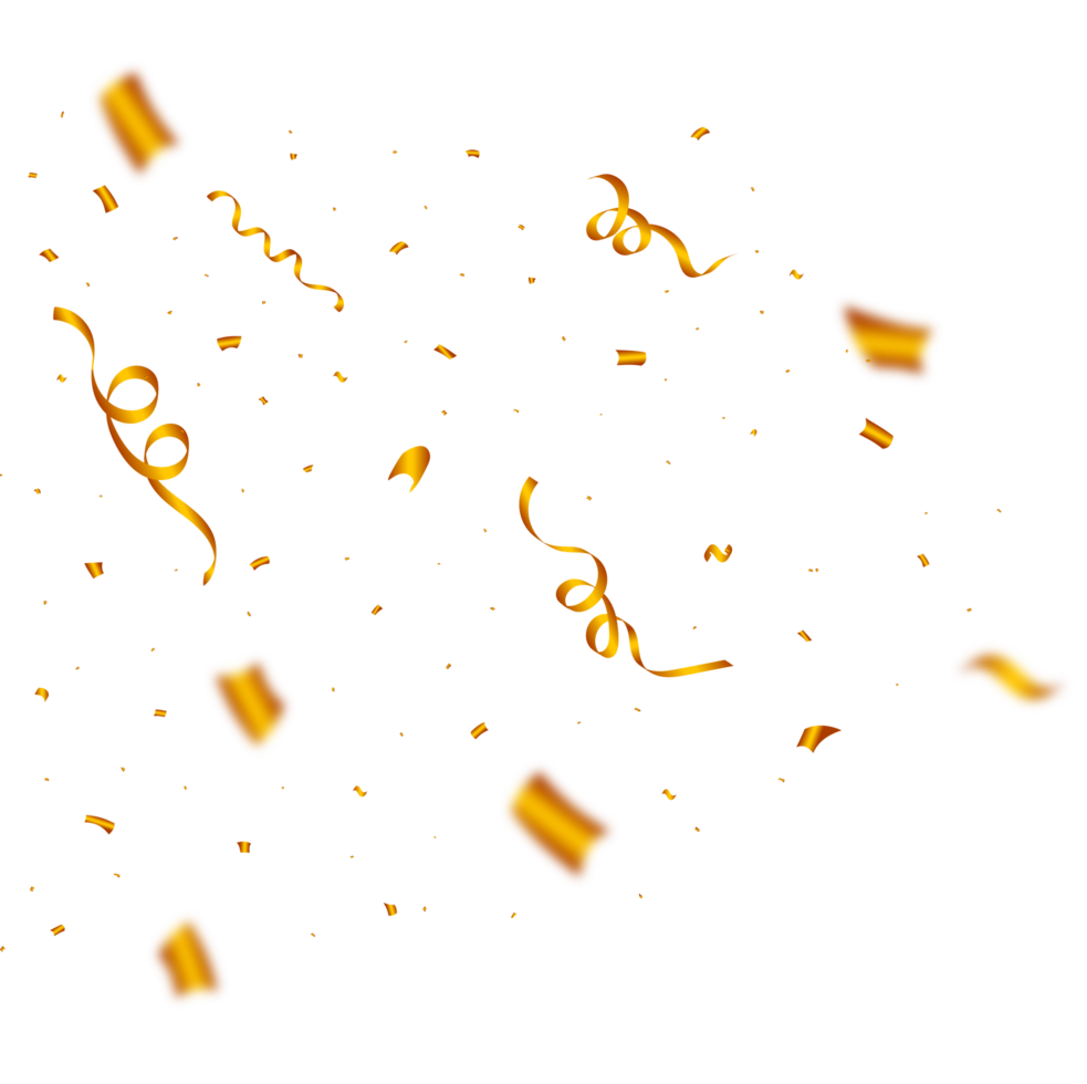 Golden confetti and ribbon blast illustration PNG. Carnival celebration elements explosion PNG. Golden confetti and tinsel falling on a transparent background. Festival and anniversary celebration. png