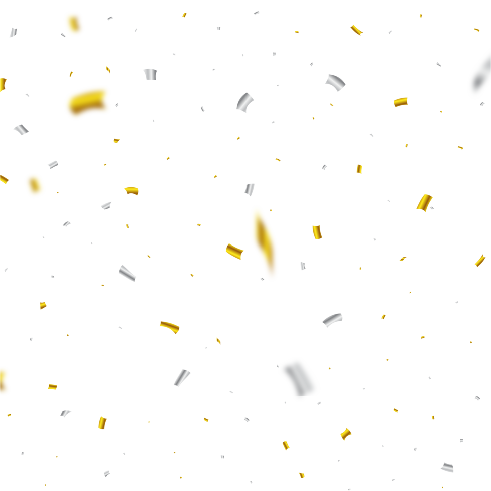Golden and silver confetti falling isolated on a transparent background. Anniversary celebration PNG. Shiny party tinsel and confetti falling. Festival elements. Confetti PNG for carnival background.