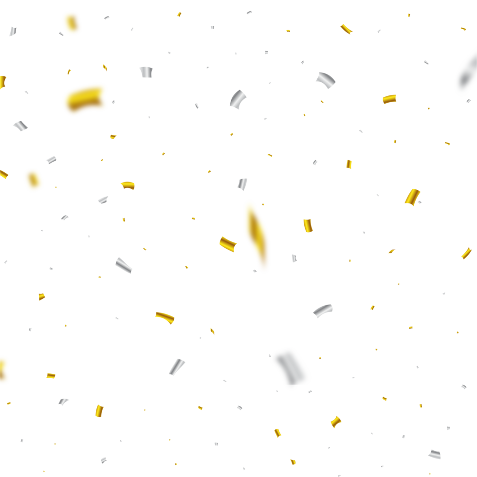 Golden and silver confetti falling isolated on a transparent background. Anniversary celebration PNG. Shiny party tinsel and confetti falling. Festival elements. Confetti PNG for carnival background.