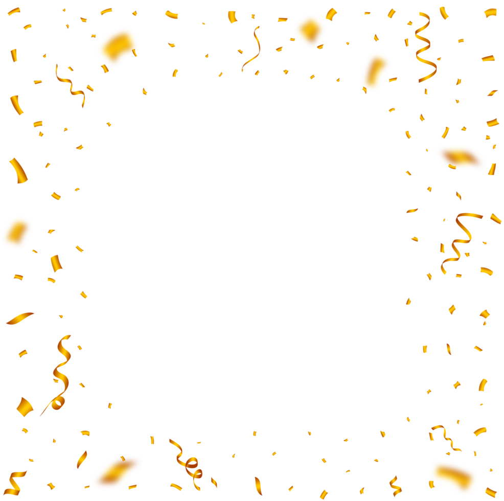 Confetti frame PNG for the birthday background. Golden party element ribbon and confetti falling. Golden confetti frame isolated on a transparent background. Carnival element PNG. Birthday celebration