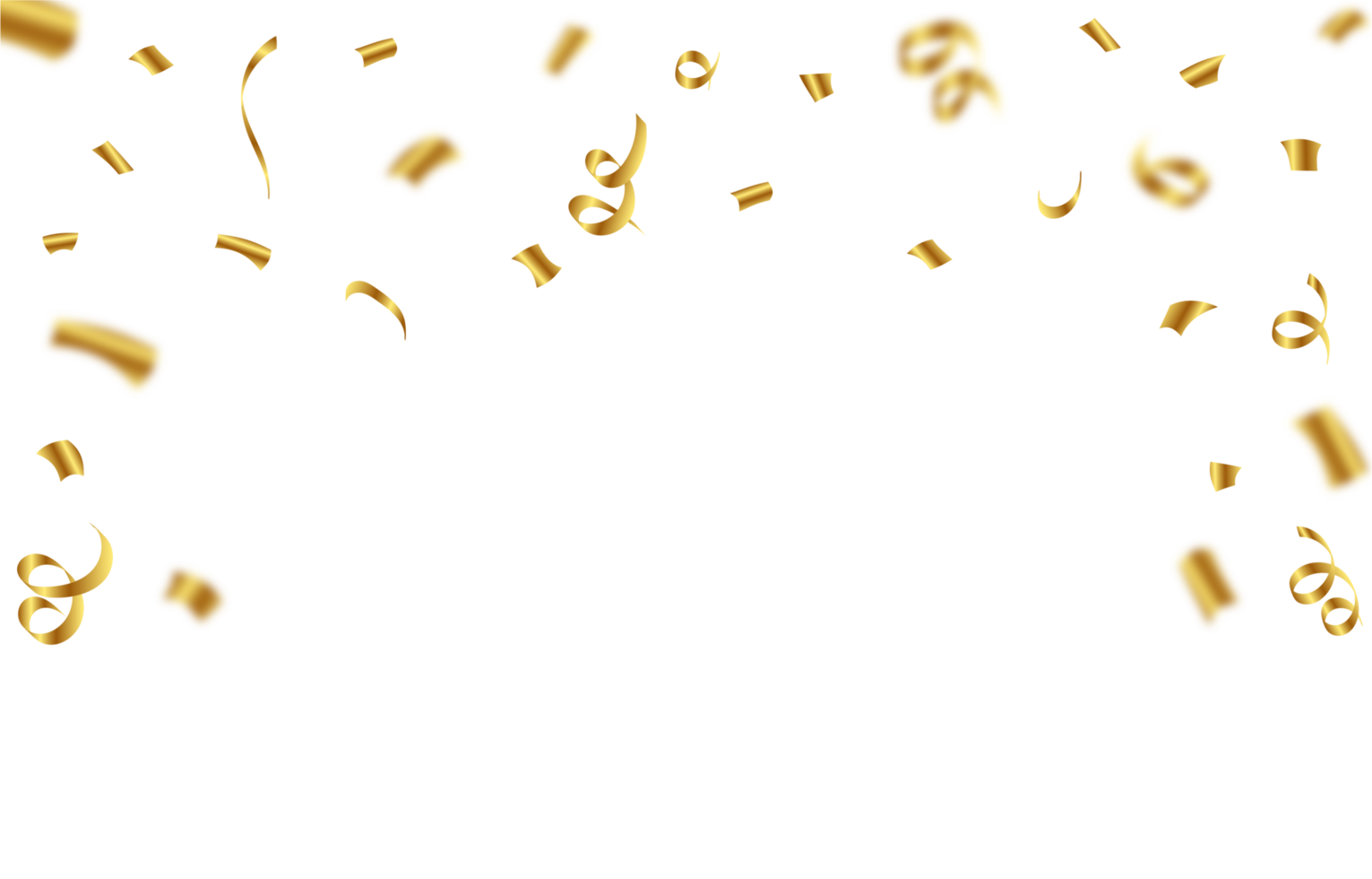 Golden confetti and ribbon falling isolated on a transparent background. Anniversary and wedding celebration confetti PNG. Golden confetti and ribbon falling illustration. Festival elements PNG. png