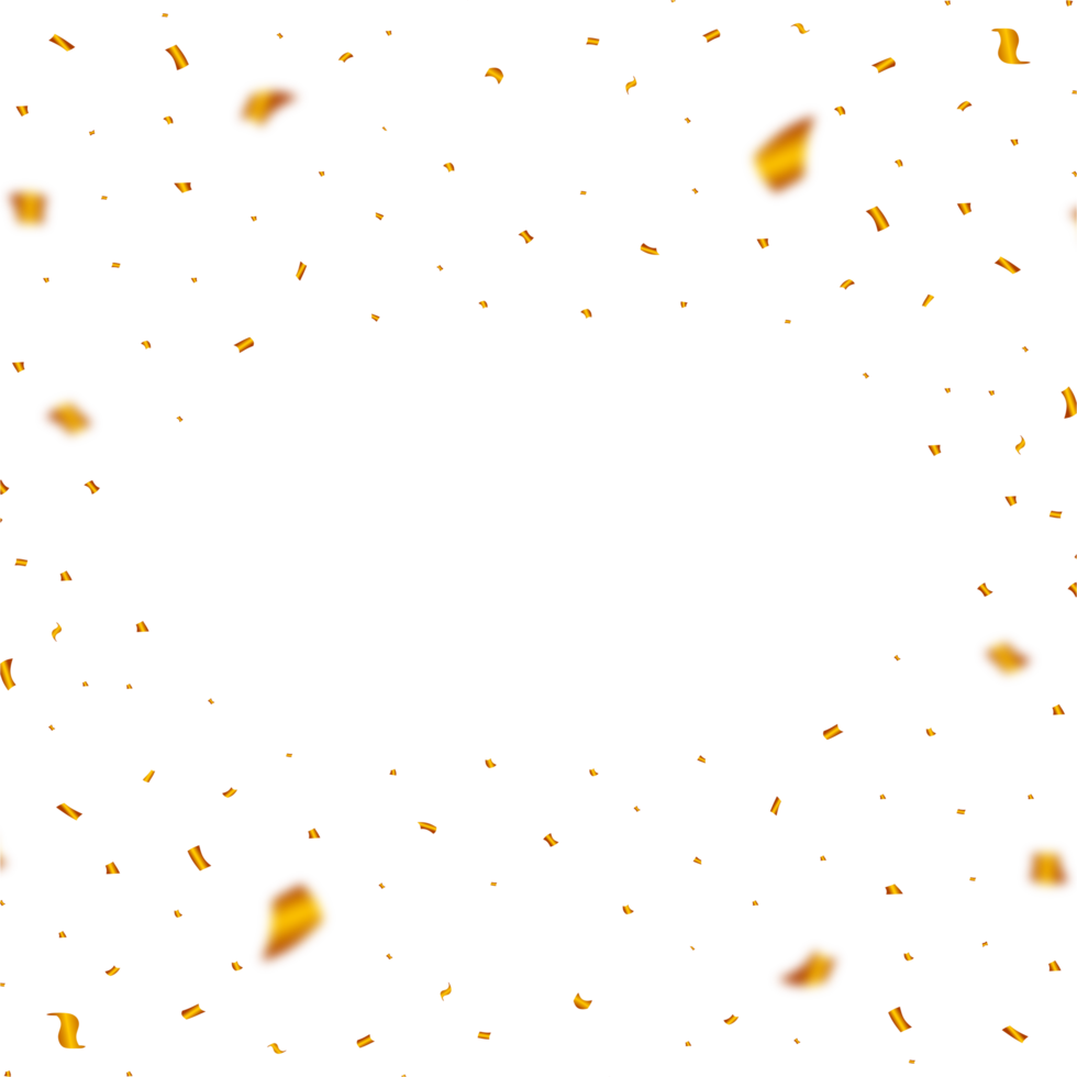 Golden confetti falls on a transparent background PNG. Festival and party element confetti illustration. Golden party tinsel frame for a carnival background. Birthday celebration elements PNG. png
