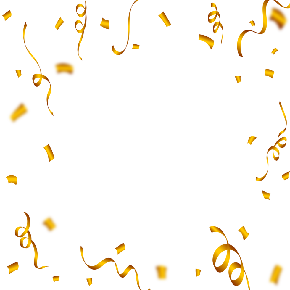 Golden confetti isolated on a transparent background. Golden confetti frame PNG background. Realistic golden ribbon and confetti explosion PNG. Festival and Birthday party celebration element PNG.