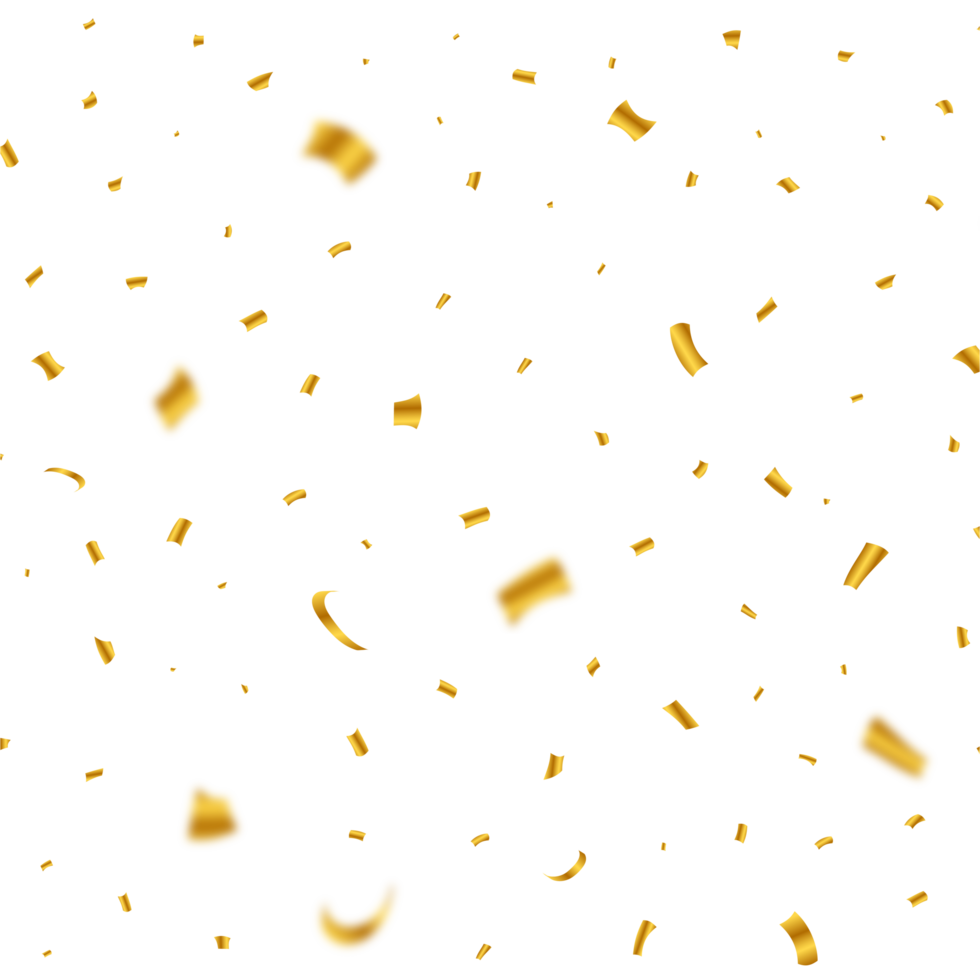 Golden confetti explosion isolated on a transparent background. Festival elements PNG. Shiny party tinsel and confetti falling. Confetti PNG for carnival background. Anniversary celebration.