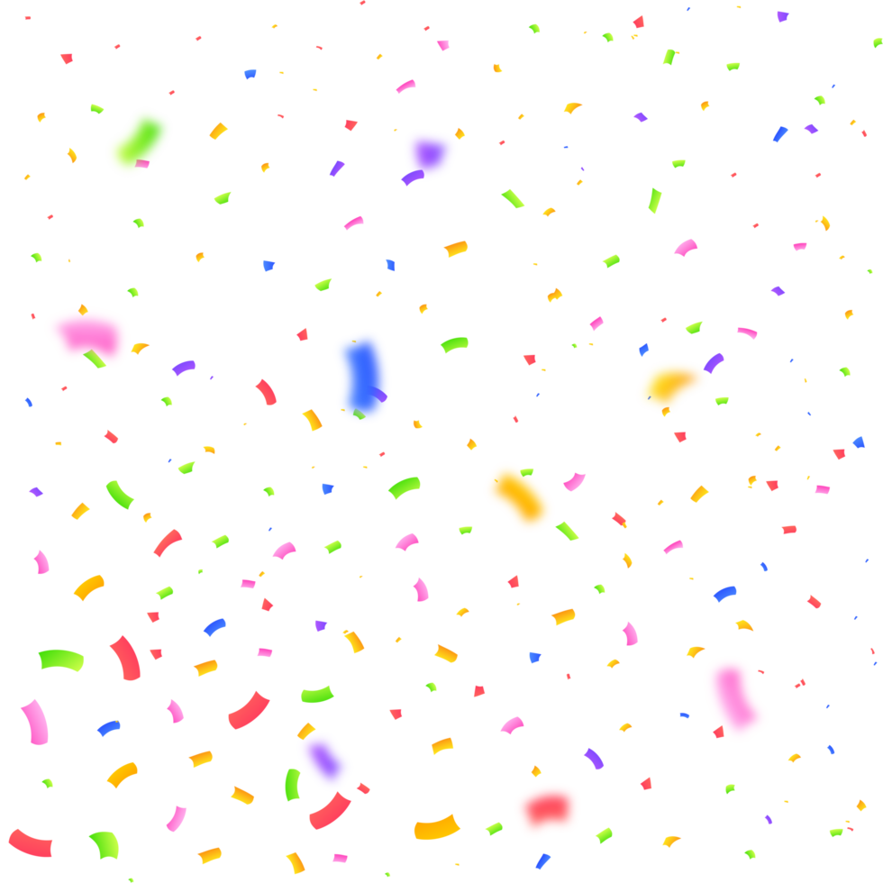 Confetti and tinsel explosion background. Realistic multicolor confetti PNG illustration. Colorful confetti isolated on a transparent background. Carnival elements PNG. Birthday party celebration.