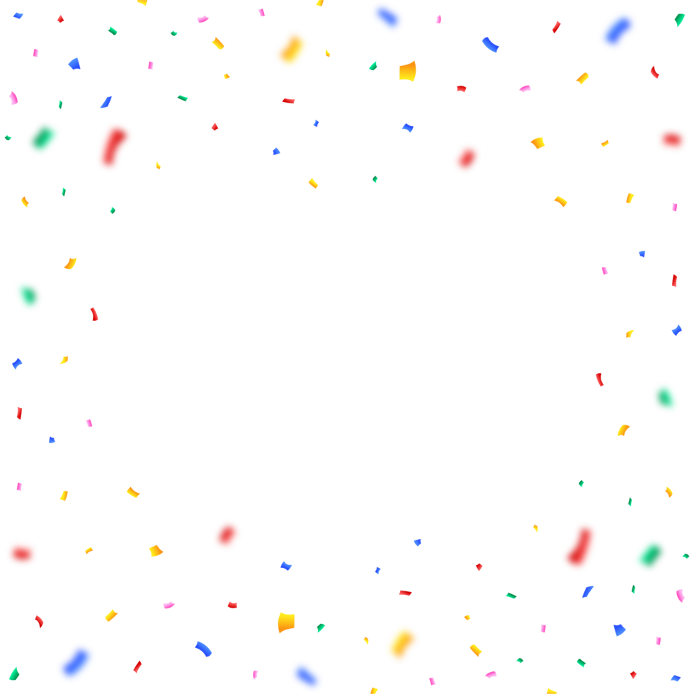 Colorful confetti and tinsel explosion frame illustration on a transparent background. Carnival elements PNG for a birthday celebration background. Multicolor confetti and tinsel frame PNG.
