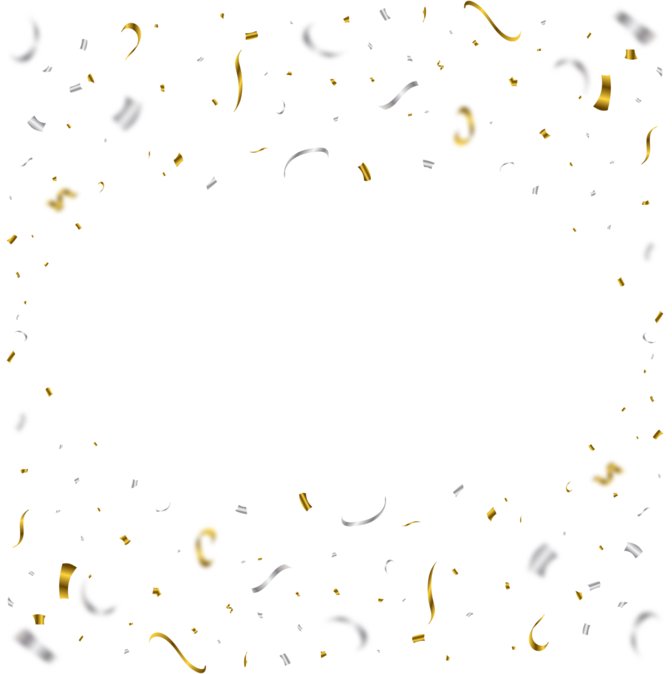Golden and silver confetti falling isolated on a transparent background. Festival elements PNG. Confetti PNG for carnival background. Anniversary celebration. Shiny party tinsel and confetti falling.