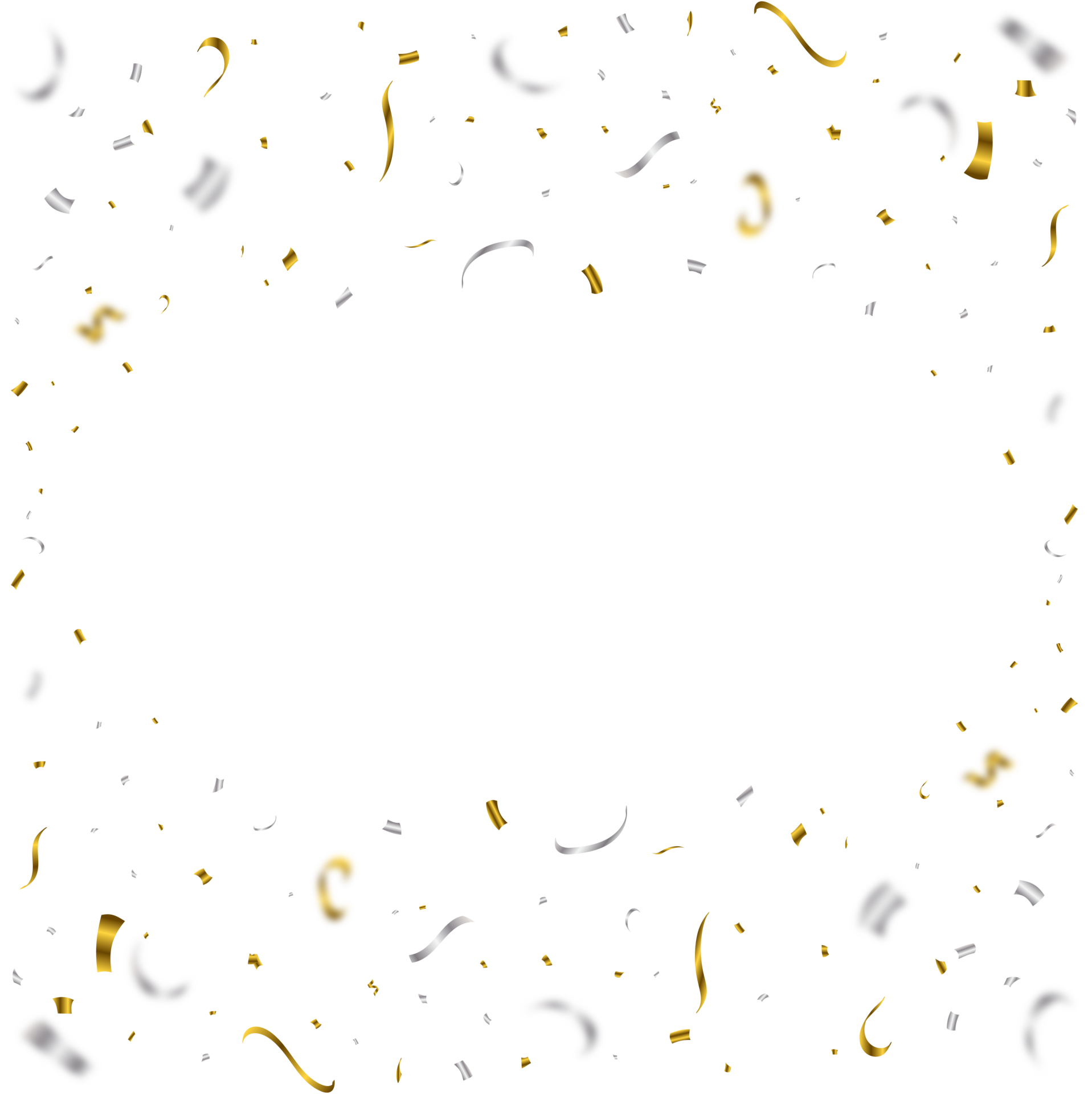 Golden and silver confetti falling isolated on a transparent background