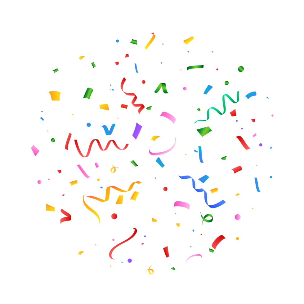 Realistic multicolor confetti PNG illustration. Festival confetti and tinsel explosion background. Colorful confetti isolated on a transparent background. Carnival elements PNG. Birthday celebration.