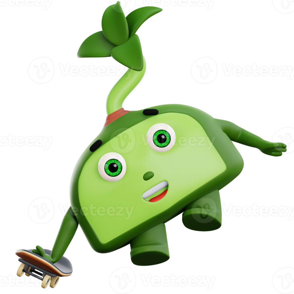3d cute plant character hand stand on skate board png
