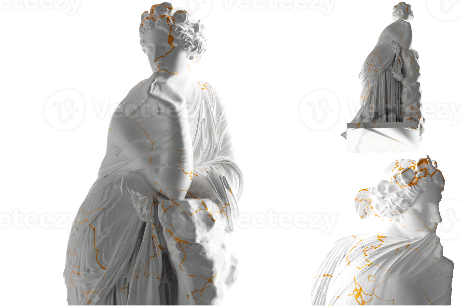 White marble statue of Polyhymnia with gold accents. Perfect for website and social media promotion png
