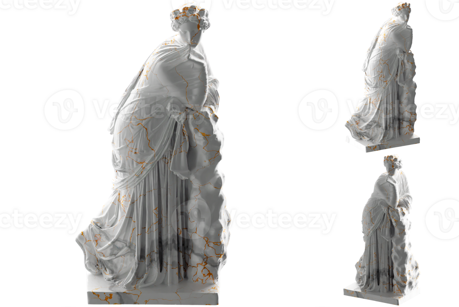 White marble statue of Polyhymnia with gold accents. Perfect for website and social media promotion png