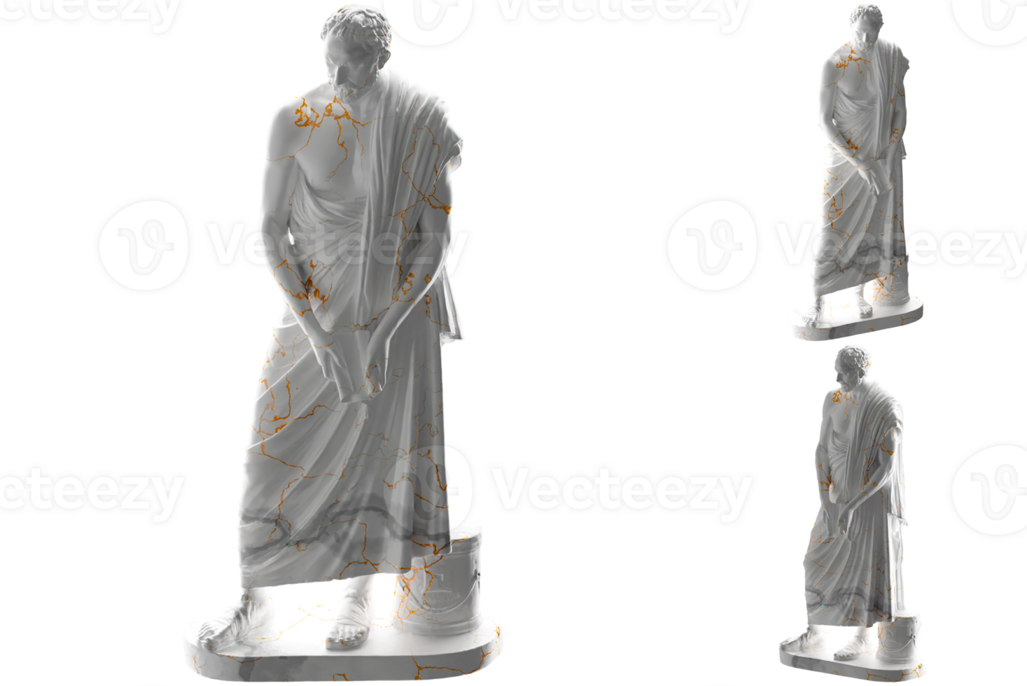 Elegant white marble statue of Demosthenes in gold finish, perfect for luxury branding png