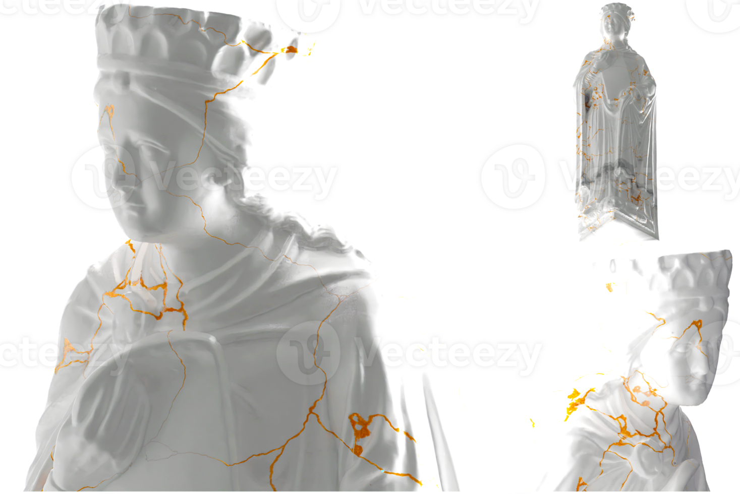 Elegant Queen of Sheba 3D render with white marble and gold material, perfect for luxury apparel and album covers png
