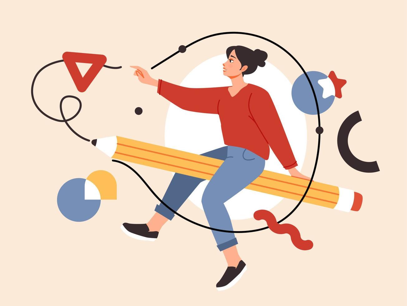 Graphic designer concept, flat illustration. Woman holding big pencil. Creative illustrator at work process. vector