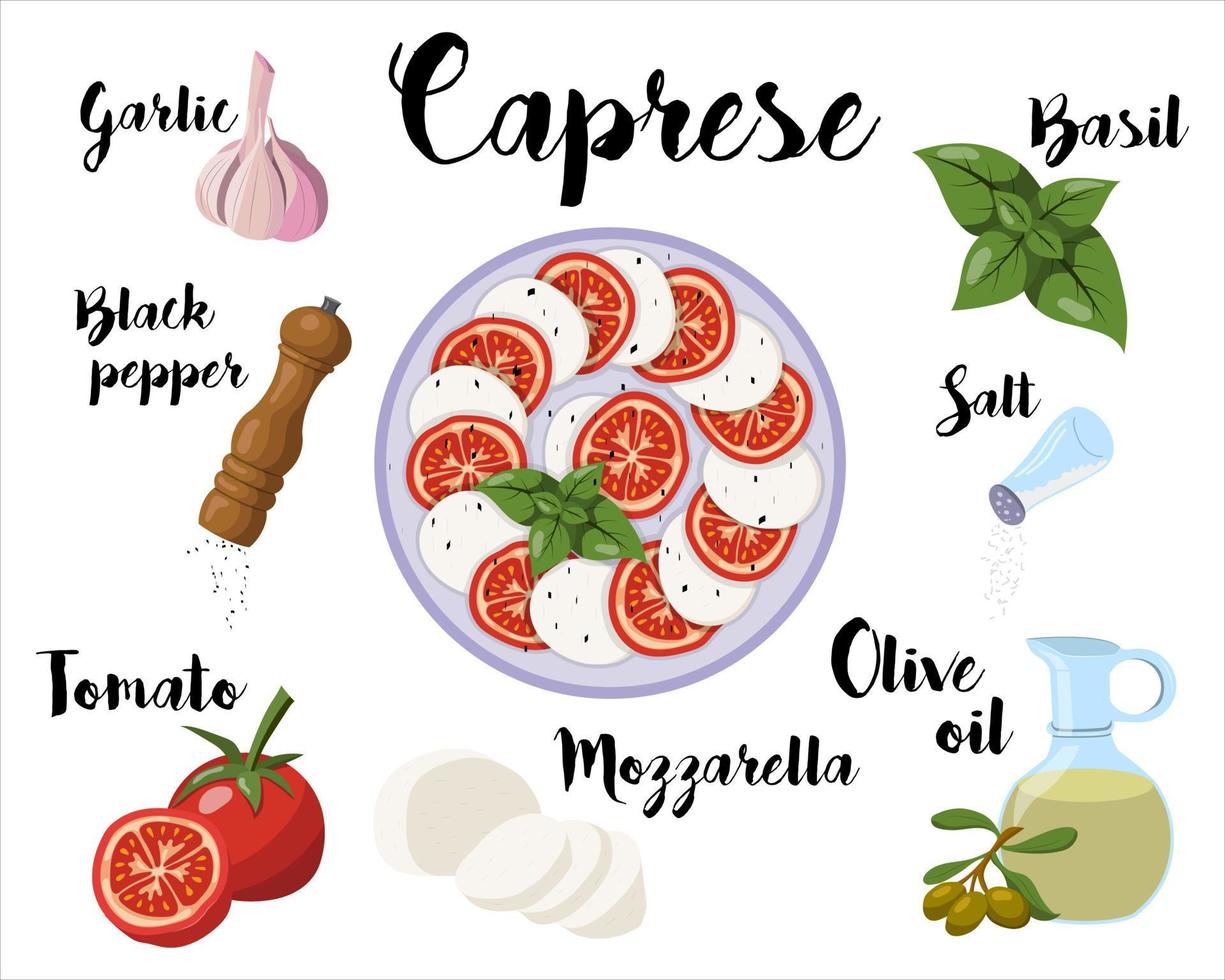 kitchen poster with caprese salad recipe. Vector illustration on a white background.