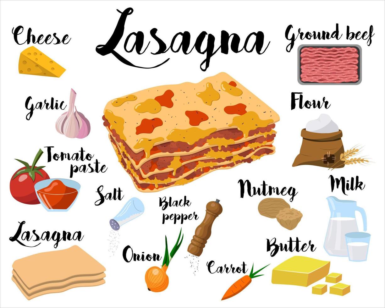 a kitchen poster with a lasagna recipe. Vector illustration on a white background.