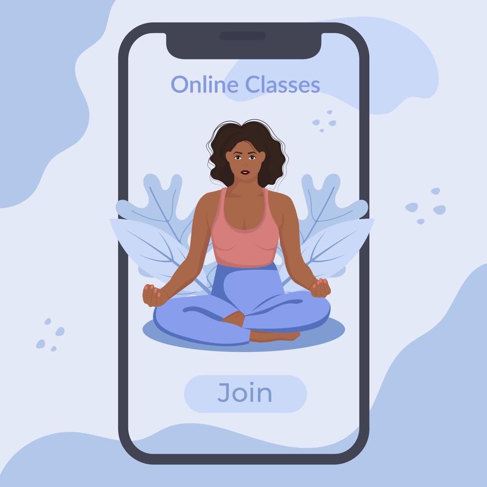 en línea yoga clases bandera, social medios de comunicación enviar modelo con móvil teléfono. pantalla con mujer sentado en loto pose. vector