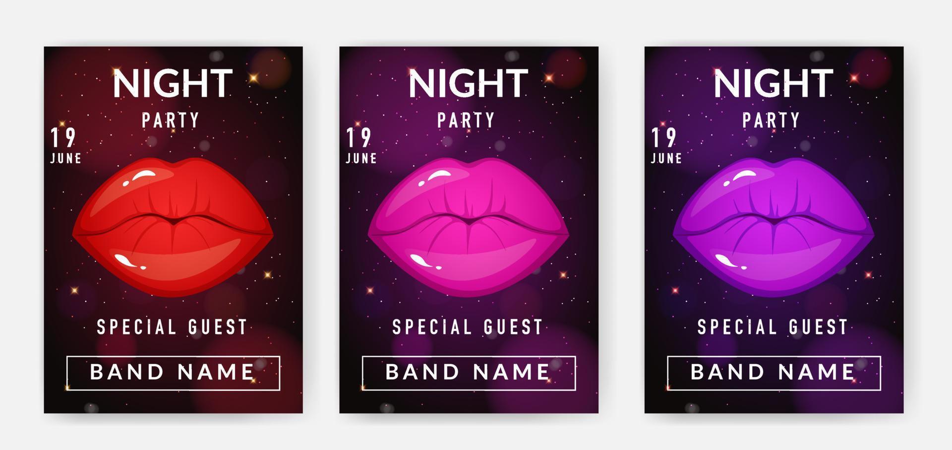 Night party posters set with colorful lips and shiny dark background. Vertical banner concept. vector