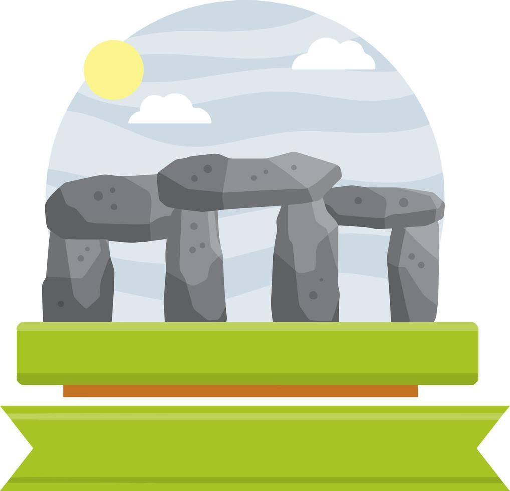 Stonehenge. Inglés punto de referencia. estructura es hecho de antiguo piedras histórico lugar, bloquear y cantos rodados verde césped y verano pagano templo. plano dibujos animados. religioso megalito de primitivo hombre vector