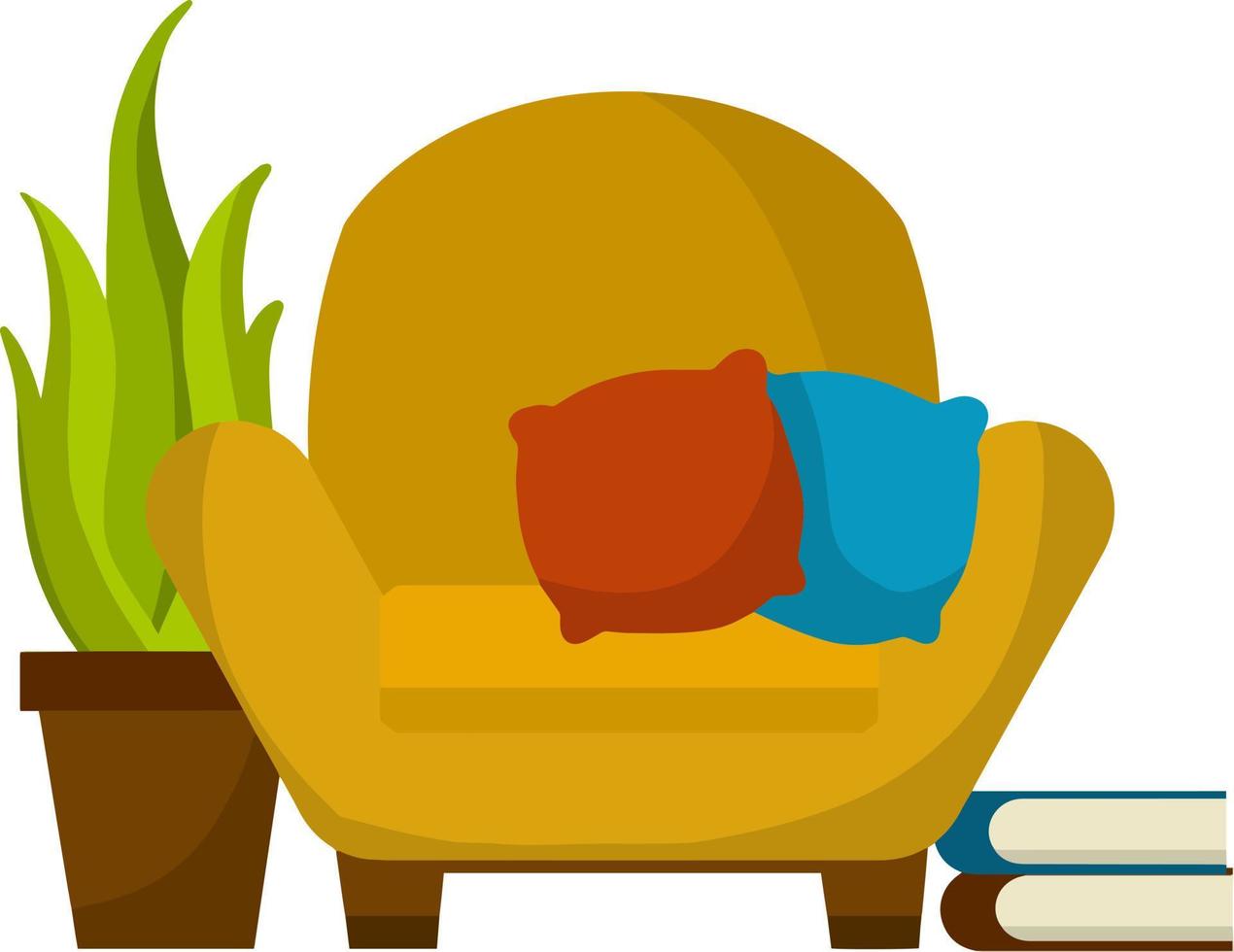 Chair, table with book. Furniture in cozy room. Brown armchair. Soft seat. place to read and relax. Cartoon flat illustration. Red pillow vector