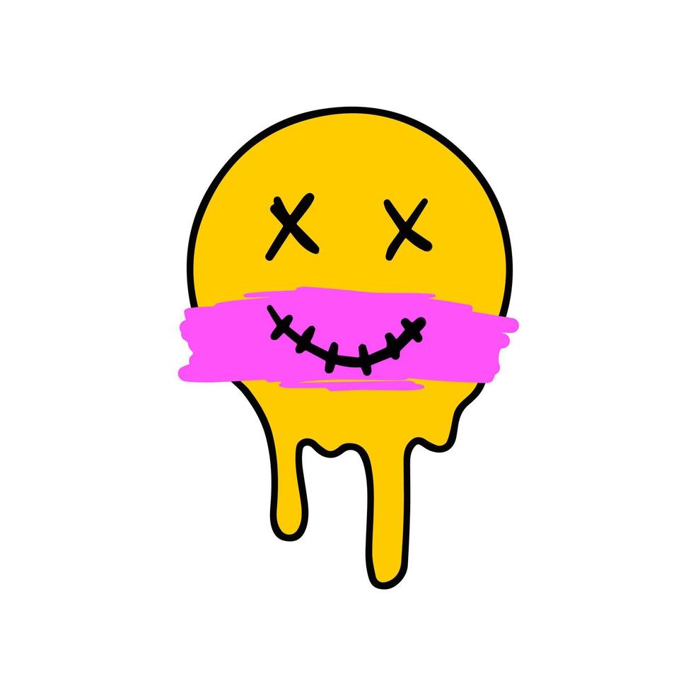 Acid smile face. Melted rave and techno symbol of 90s. Pink brush stroke vector