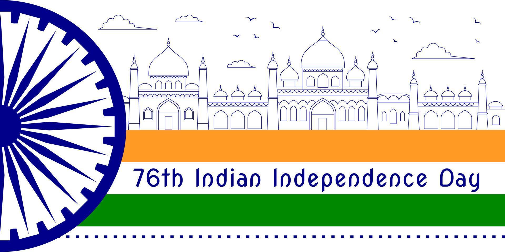 76th Indian Independence Day postcard with national symbols and line art architectural drawings of typical indian buildings. vector