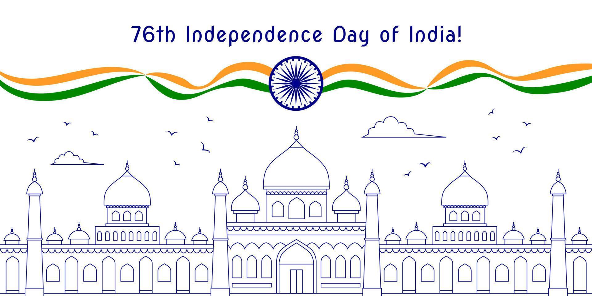 76th Indian Independence Day postcard with national symbols and line art architectural drawings of typical Indian buildings. vector